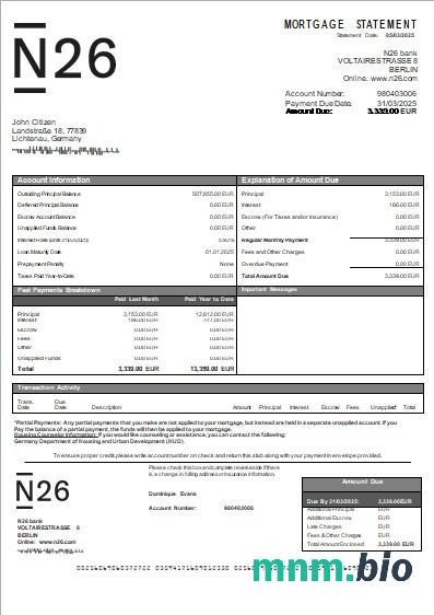 Niemcy Bank N26 wyciąg z kredytu hipotecznego szablon Word i PDF